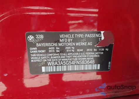 2015 BMW 328I from USA, damaged, VIN WBA3A5G54FNS83648